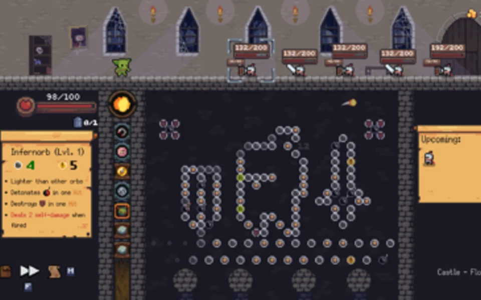 Tavolo di Peglin con pioli e slot machine roguelike.